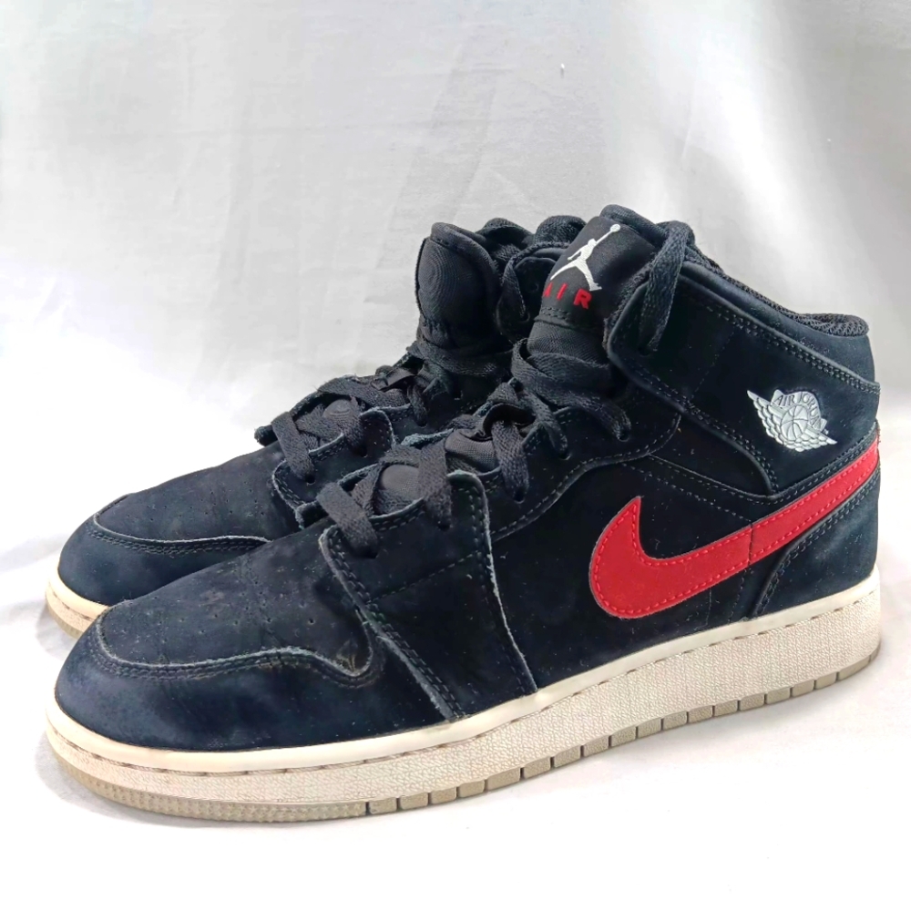 Nike Air Jordan 1 Mid Sneakers 7Y Black Suede Blue Red Swooh Mid Tops Athletic